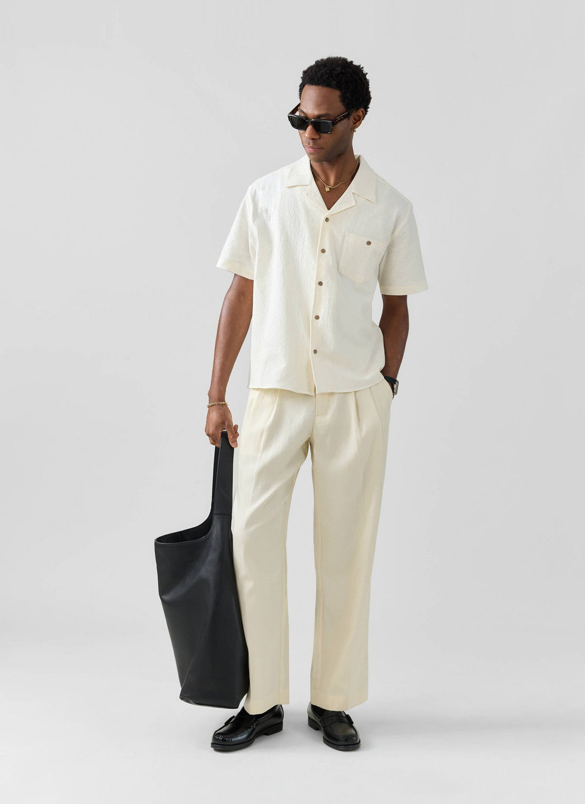 Men's Pleated Trousers - Relaxed Fit - Cream - Lyocell | Percival