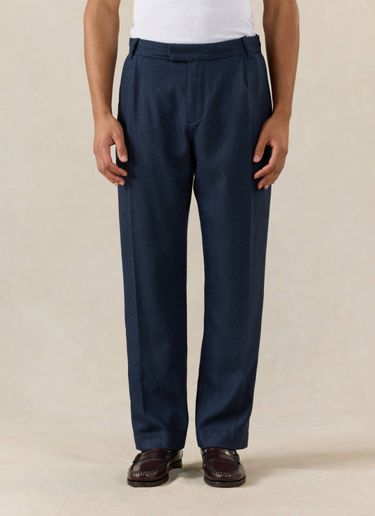 Men's Navy Pleated Trousers - Herringbone Wool | Percival