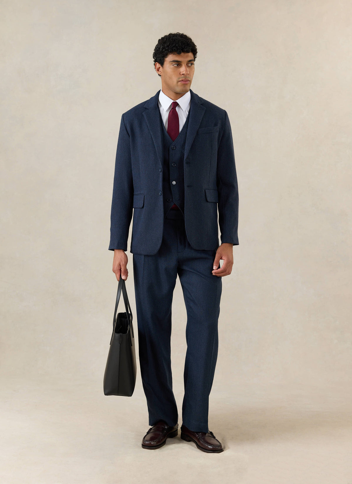 Men's Navy Pleated Trousers - Herringbone Wool | Percival