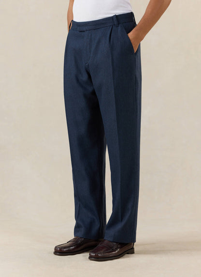 Men's Navy Pleated Trousers - Herringbone Wool | Percival