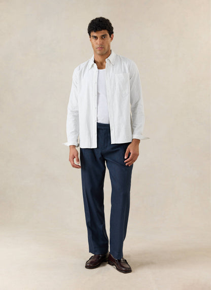 Men's Navy Pleated Trousers - Herringbone Wool | Percival
