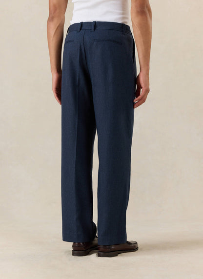 Men's Navy Pleated Trousers - Herringbone Wool | Percival