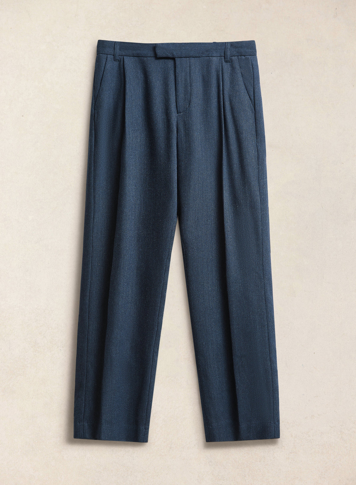 Men's Navy Pleated Trousers - Herringbone Wool | Percival