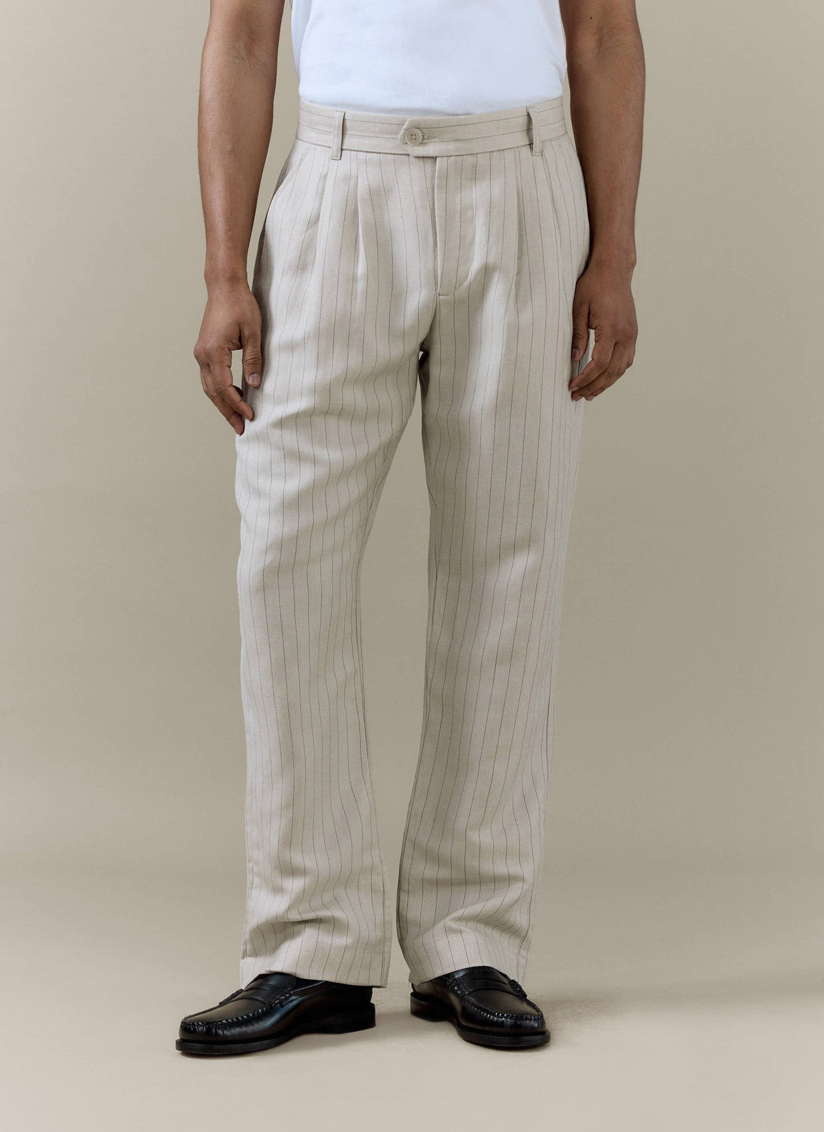 Men's Cream Striped Pleated Tailored Trousers - Linen Blend | Percival