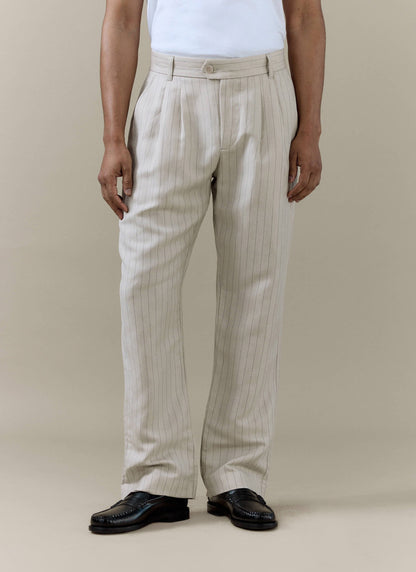 Men's Cream Striped Pleated Tailored Trousers - Linen Blend | Percival