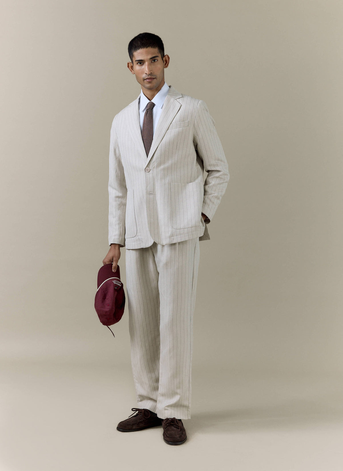 Men's Cream Striped Pleated Tailored Trousers - Linen Blend | Percival