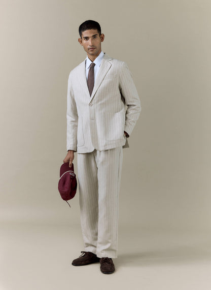 Men's Cream Striped Pleated Tailored Trousers - Linen Blend | Percival