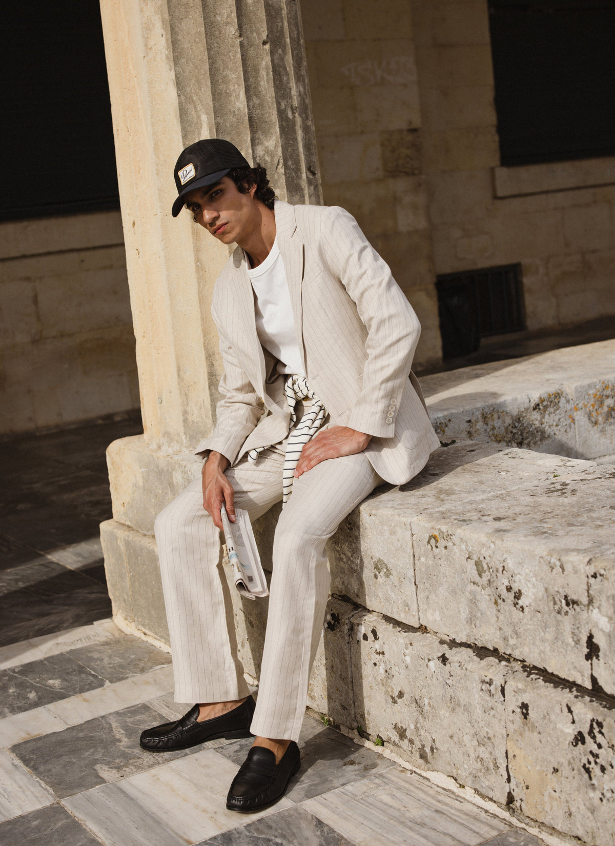 Men's Cream Striped Pleated Tailored Trousers - Linen Blend | Percival