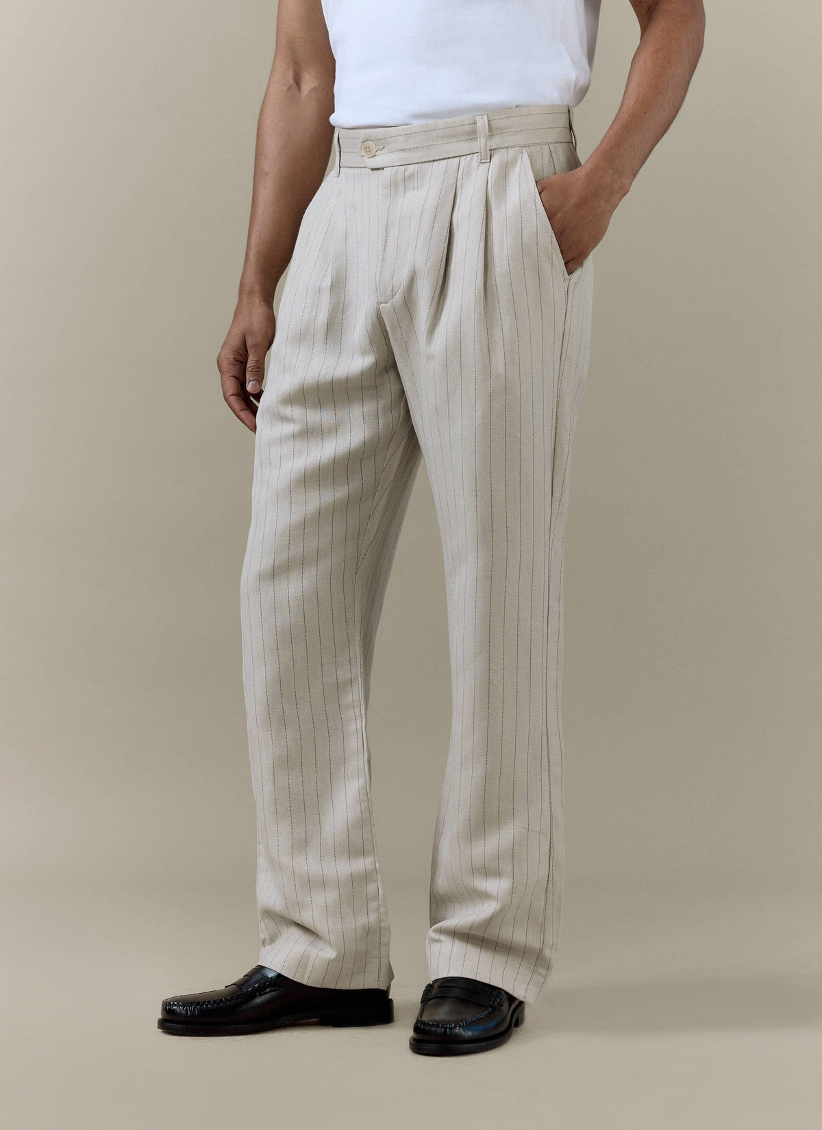 Men's Cream Striped Pleated Tailored Trousers - Linen Blend | Percival