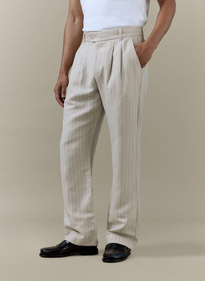 Men's Cream Striped Pleated Tailored Trousers - Linen Blend | Percival