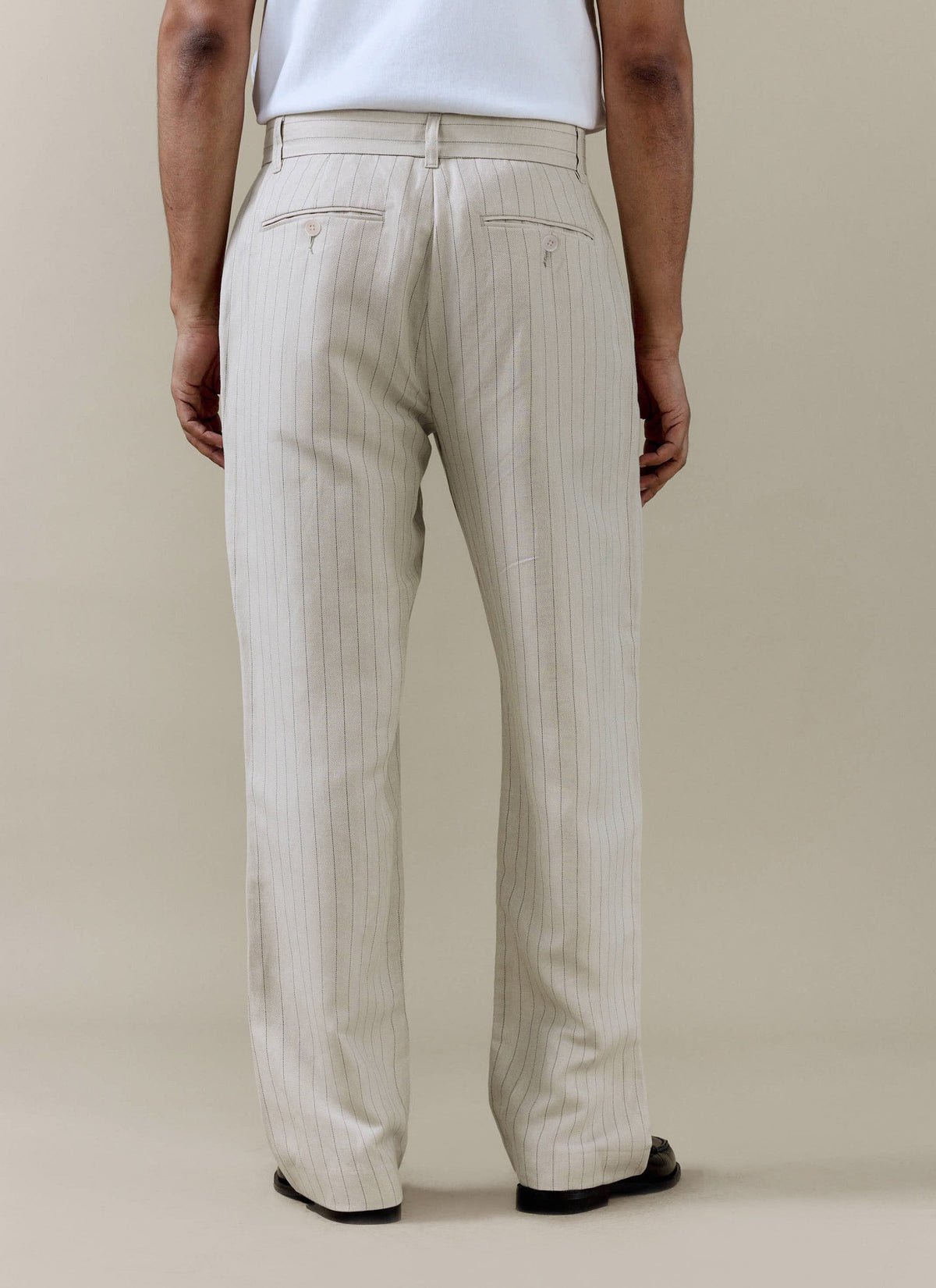 Men's Cream Striped Pleated Tailored Trousers - Linen Blend | Percival