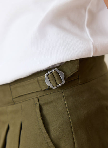 Men's Double Pleated Trousers - Brushed Moleskin - Forest Green | Percival