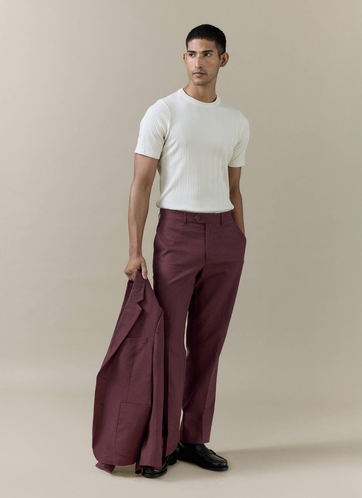 Men's Burgundy Tailored Trousers - Linen Cotton Blend | Percival