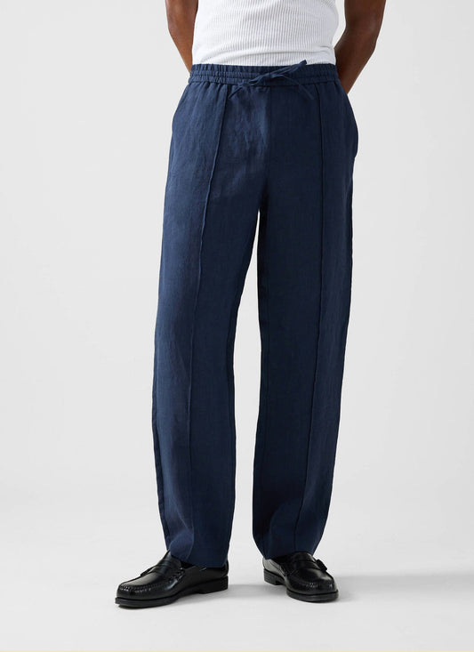 Men's Linen Trousers - Lorena Wide Leg - Navy Blue | Percival