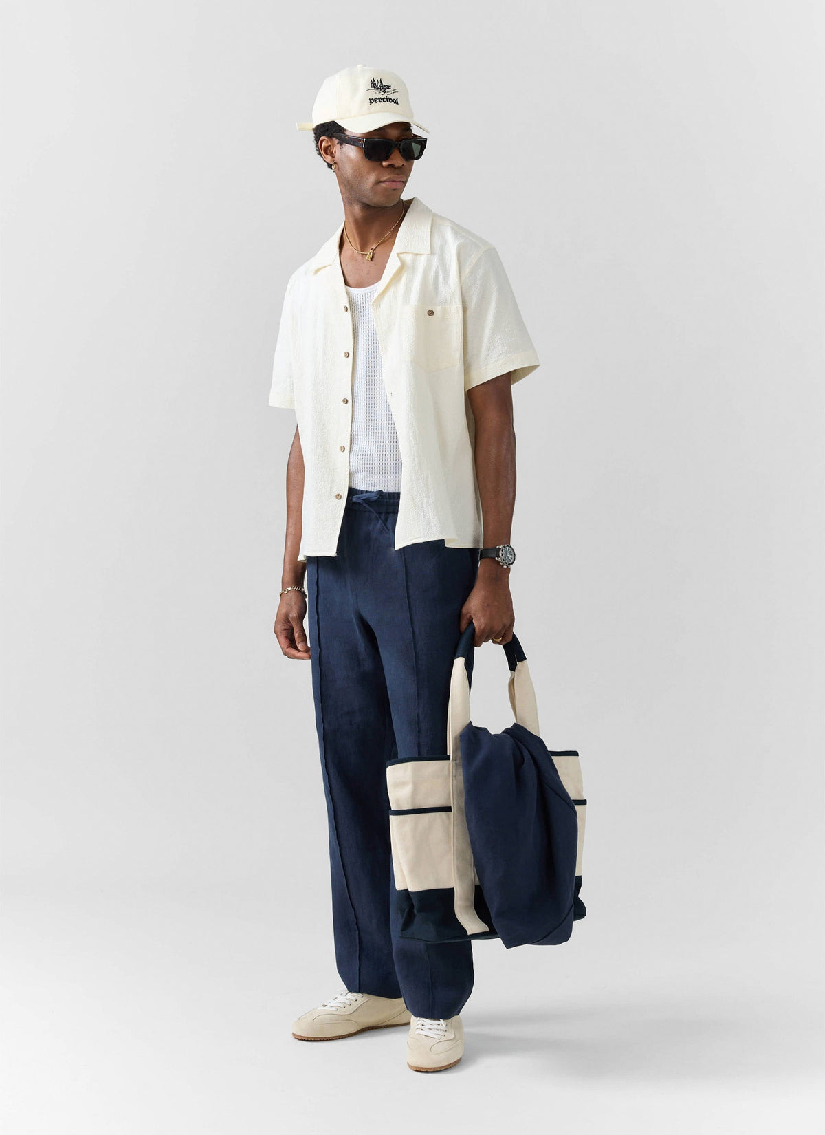 Men's Linen Trousers - Lorena Wide Leg - Navy Blue | Percival