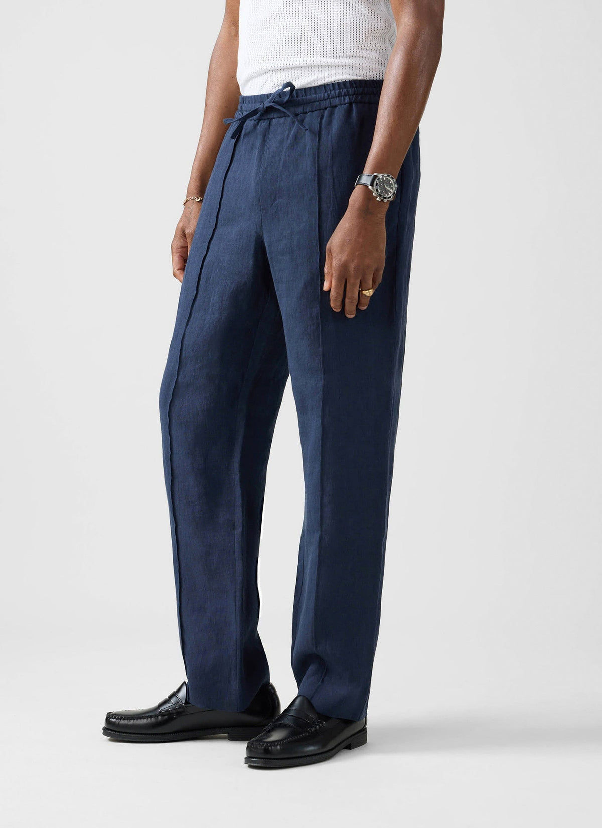 Men's Linen Trousers - Lorena Wide Leg - Navy Blue | Percival