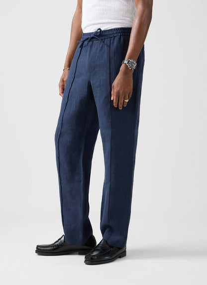 Men's Linen Trousers - Lorena Wide Leg - Navy Blue | Percival