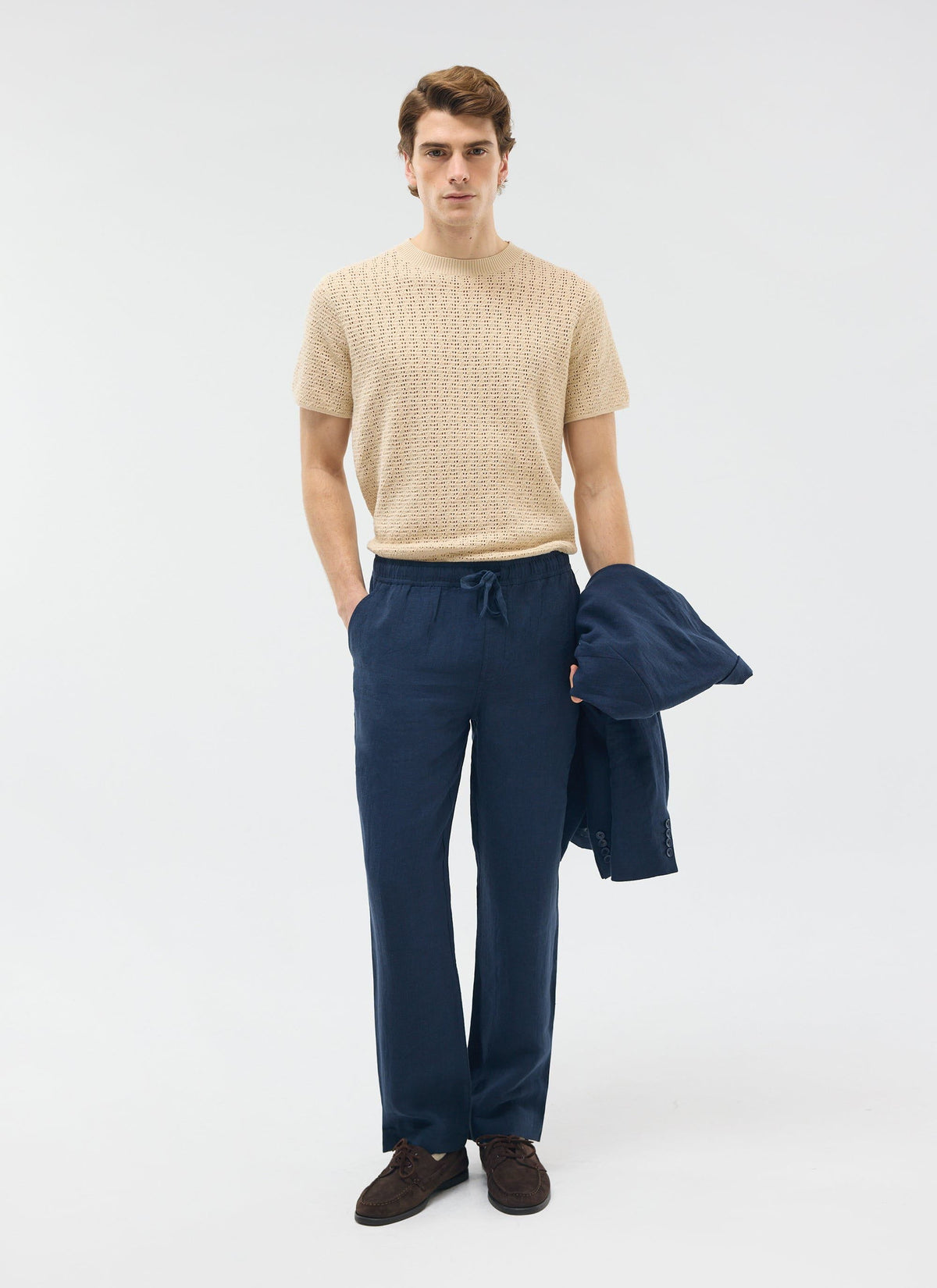 Men's Linen Trousers - Wide Leg - Navy | Percival