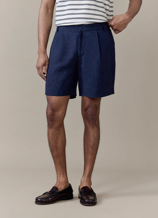 Men's Navy Pleated Tailored Linen Shorts | Percival