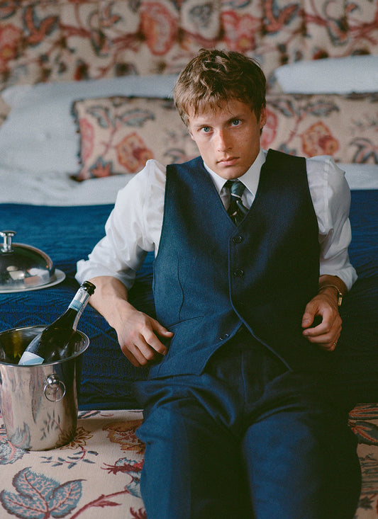 Men's Navy Herringbone Wool Tailored Waistcoat | Percival