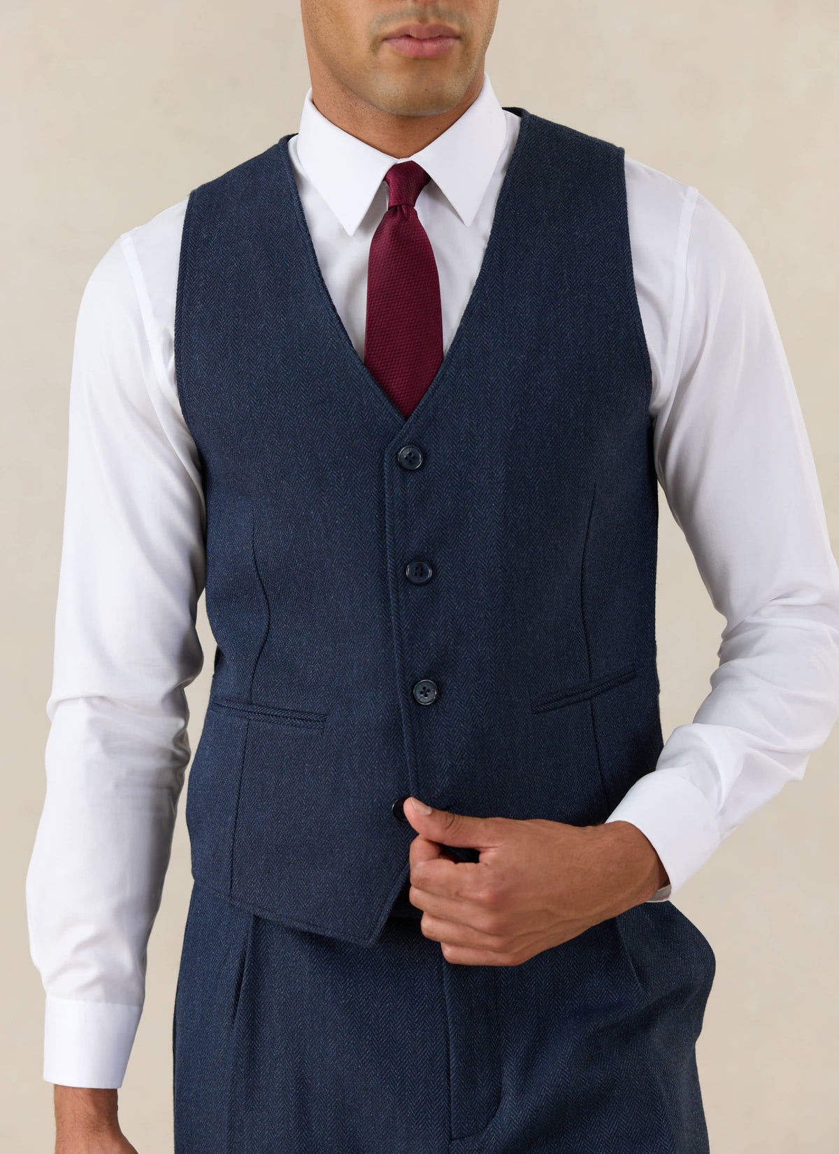 Men's Navy Herringbone Wool Tailored Waistcoat | Percival