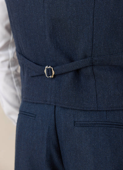 Men's Navy Herringbone Wool Tailored Waistcoat | Percival