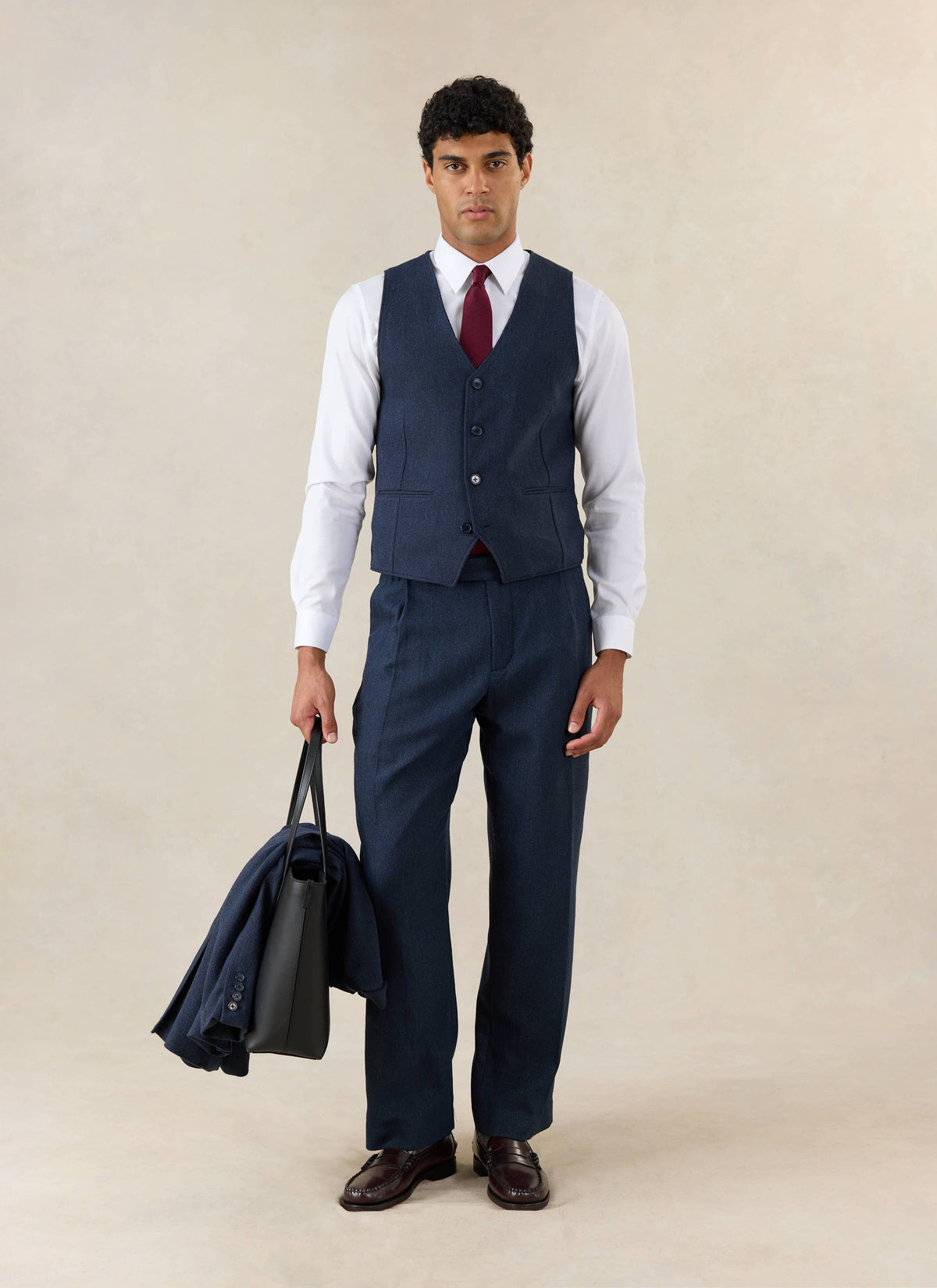 Men's Navy Herringbone Wool Tailored Waistcoat | Percival