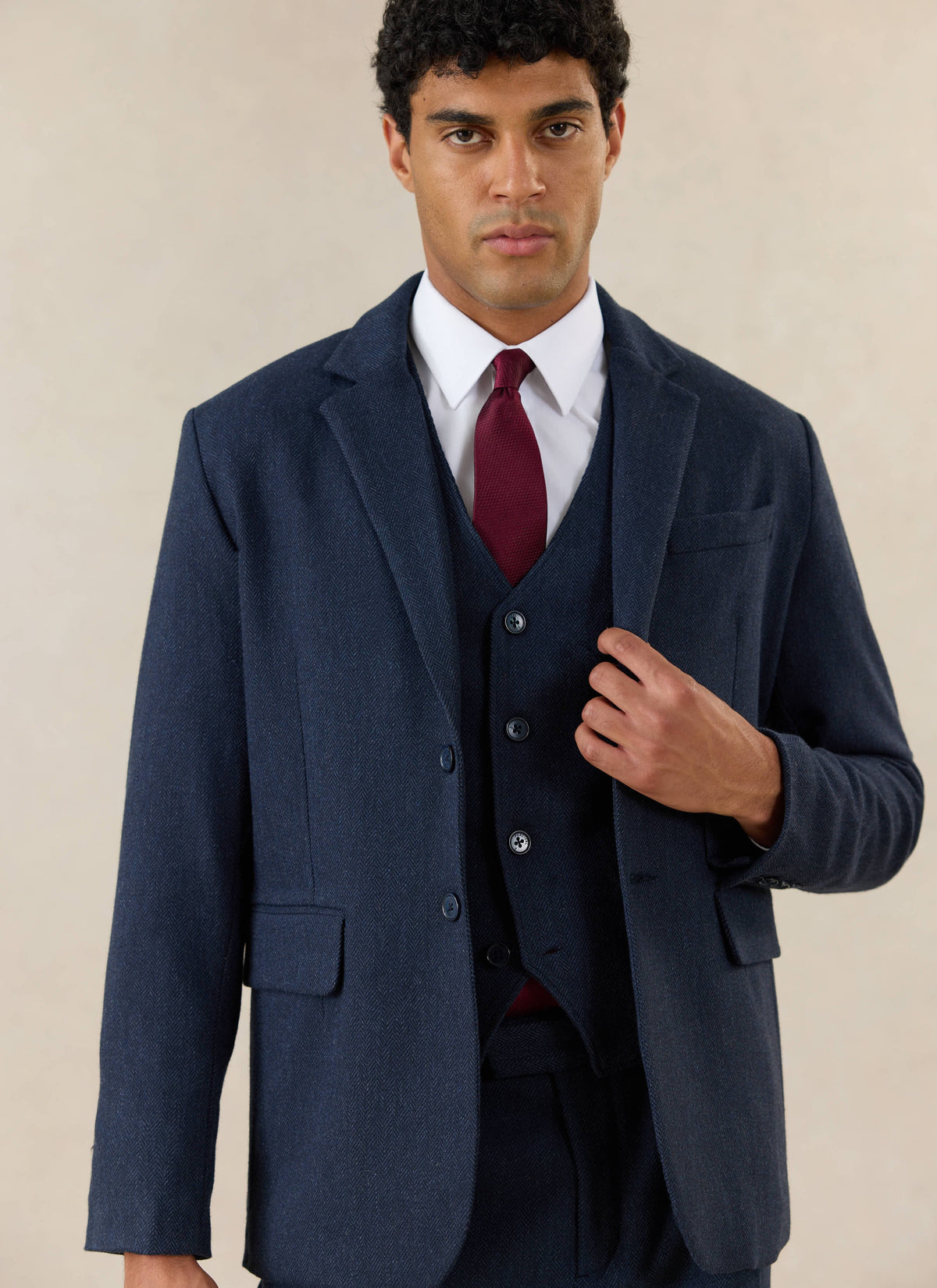 Men's Navy Herringbone Wool Tailored Waistcoat | Percival