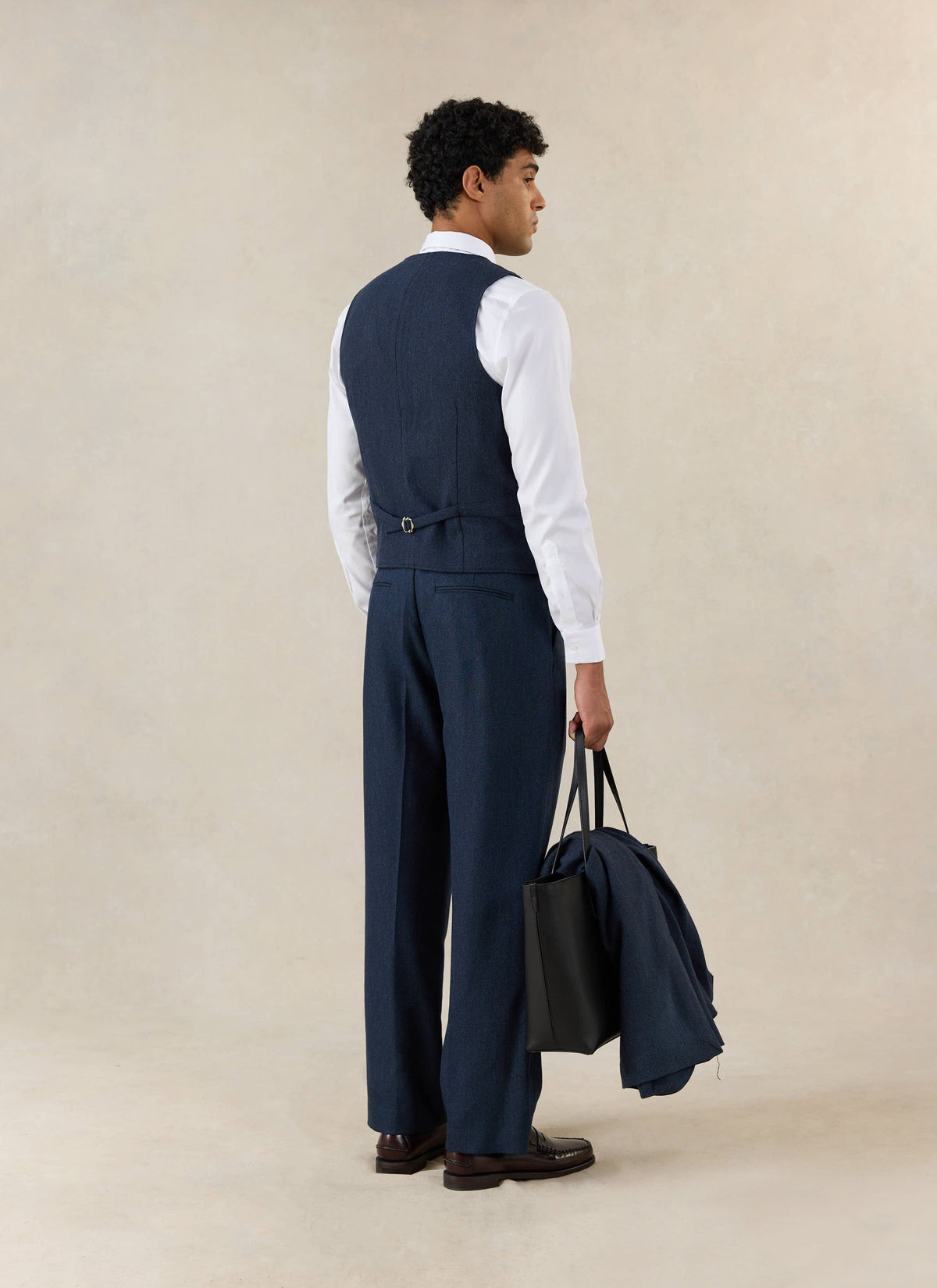 Men's Navy Herringbone Wool Tailored Waistcoat | Percival
