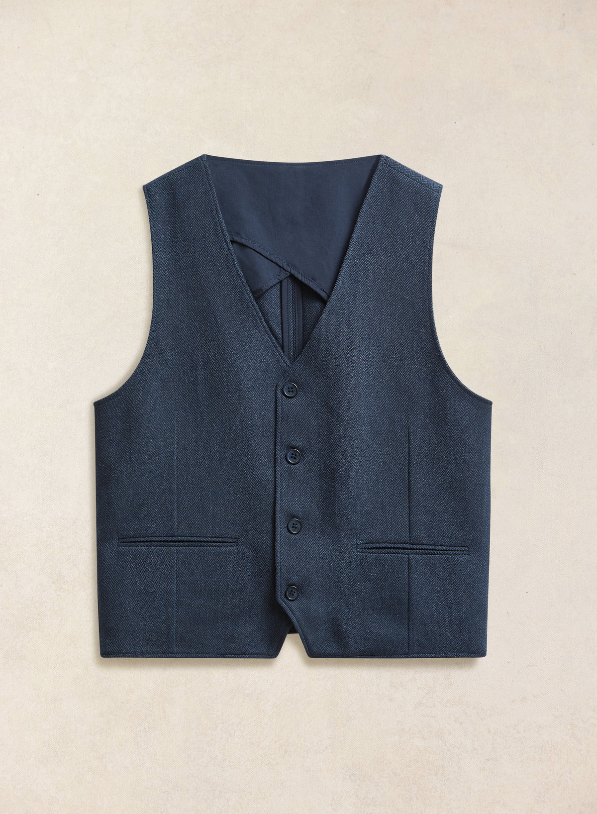 Men's Navy Herringbone Wool Tailored Waistcoat | Percival