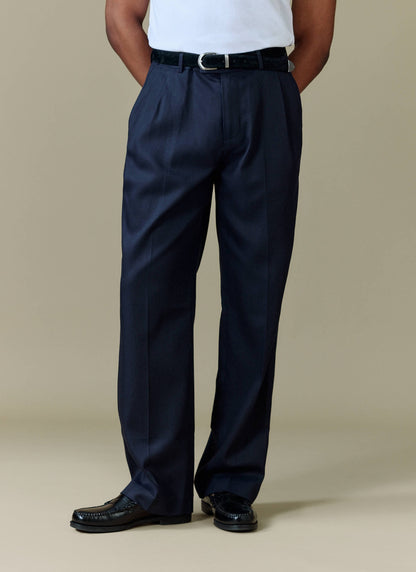 Men's Pleated Trousers - Relaxed Fit - Navy Blue - Lyocell | Percival