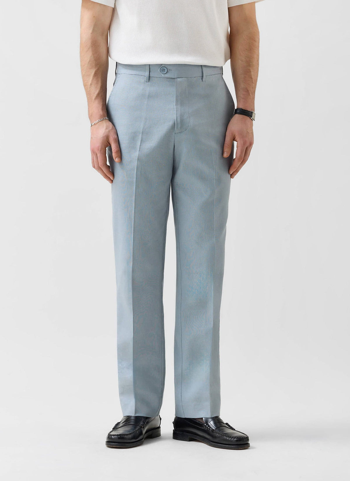 Men's Tailored Linen Trousers - Straight Leg - Light Blue | Percival
