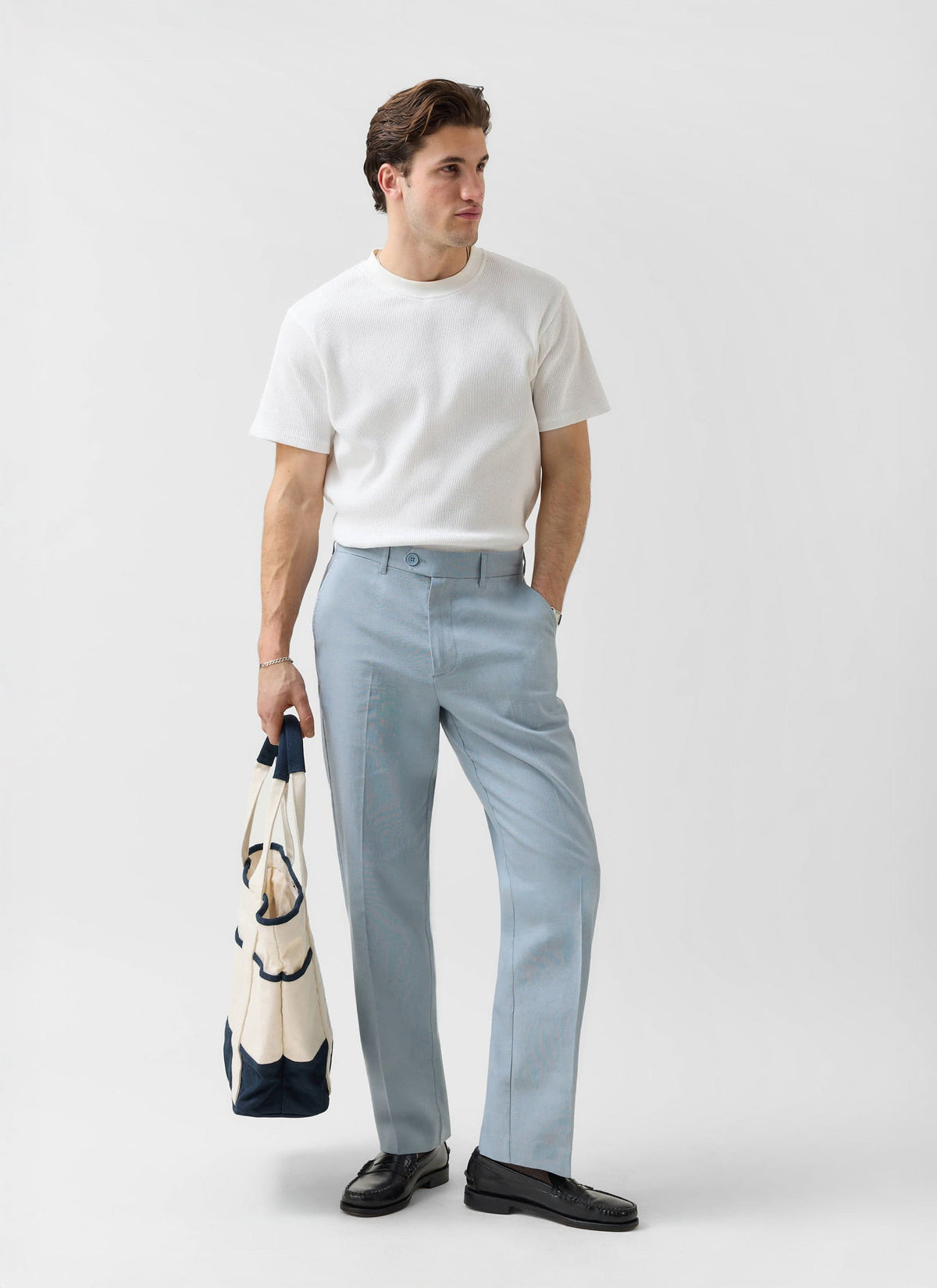 Men's Tailored Linen Trousers - Straight Leg - Light Blue | Percival