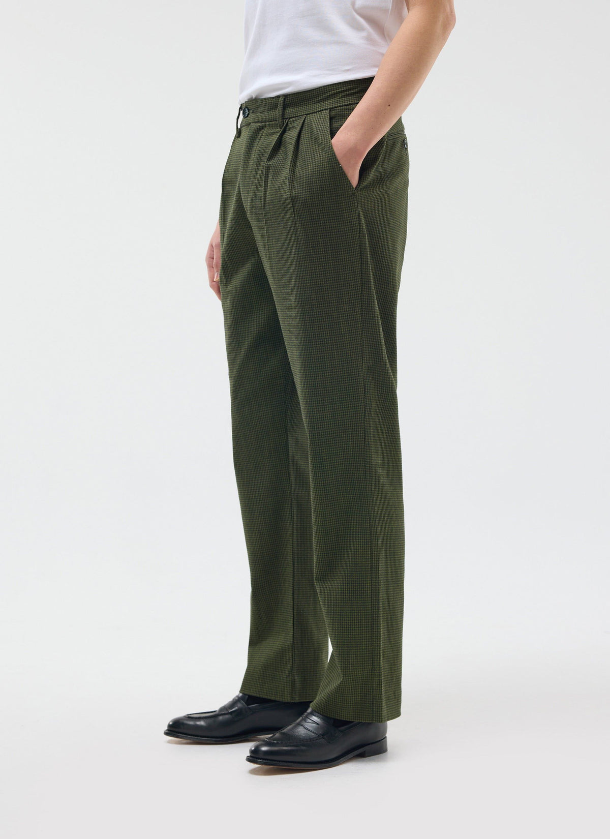 Men's Pleated Suit Trousers - Houndstooth Forest Green | Percival
