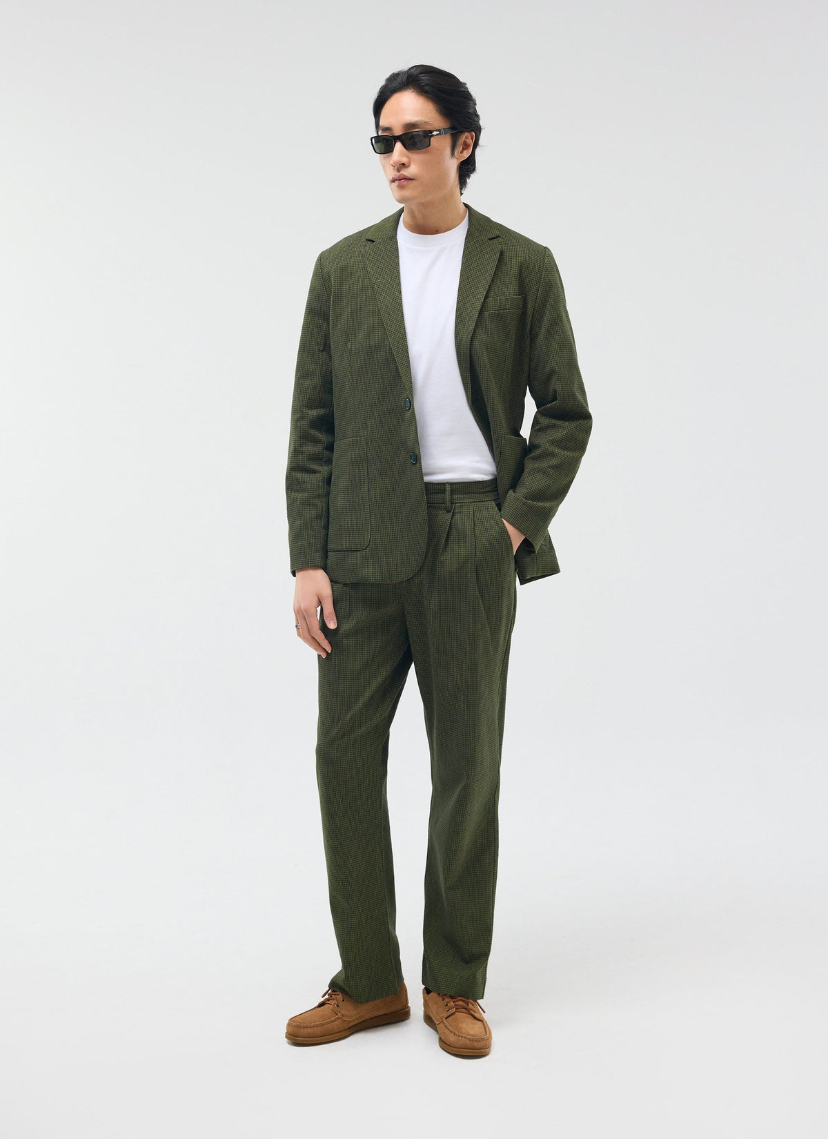 Men's Pleated Suit Trousers - Houndstooth Forest Green | Percival