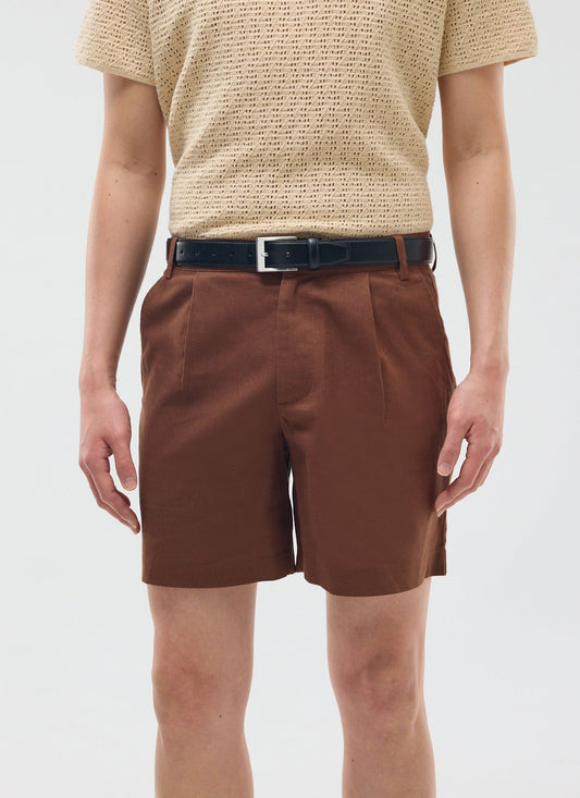 Pleated Linen Shorts - Brown | Percival