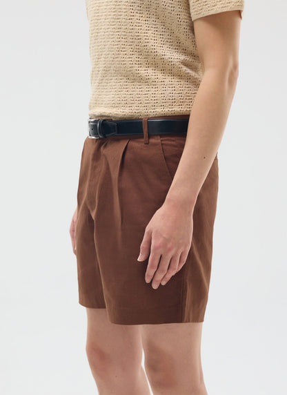 Pleated Linen Shorts - Brown | Percival