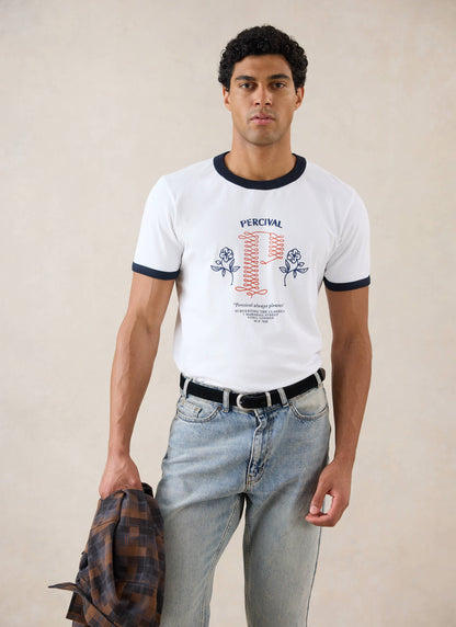 Tucker Ringer T-Shirt - Organic Cotton - White with Navy | Percival