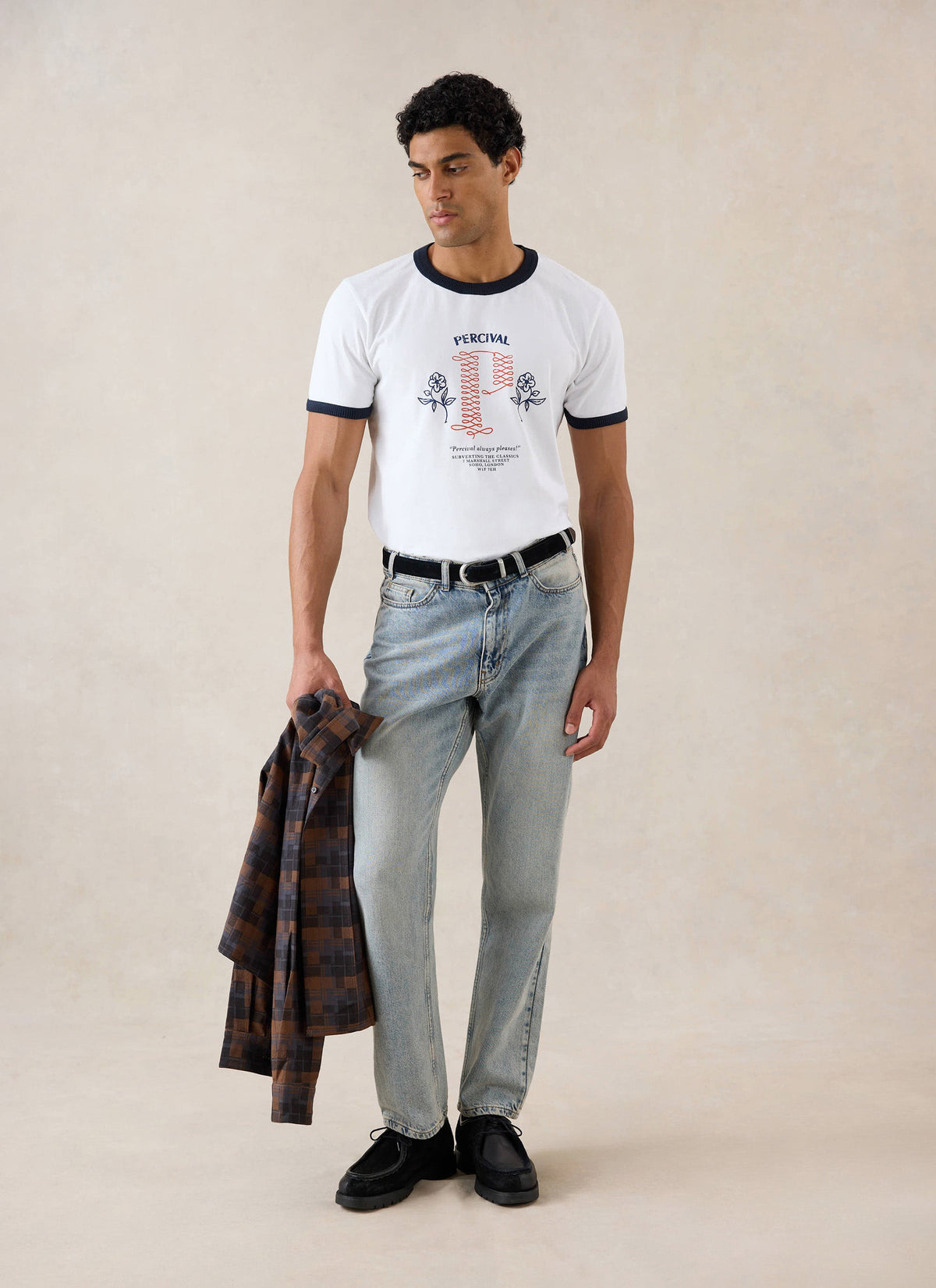 Tucker Ringer T-Shirt - Organic Cotton - White with Navy | Percival