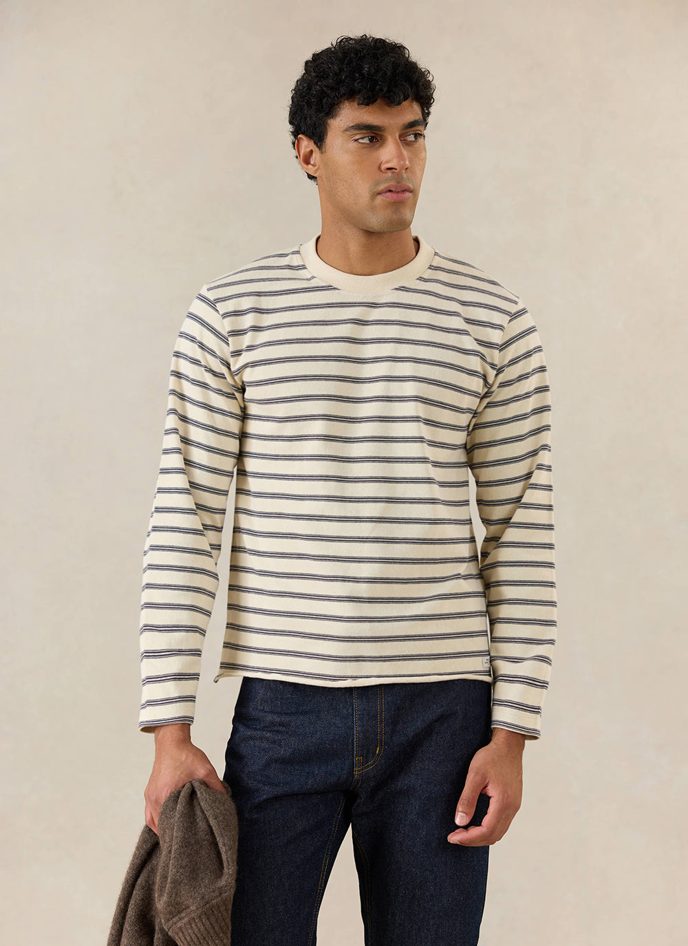 Men's Striped Long Sleeve T Shirt: Arlo - Cotton - White | Percival