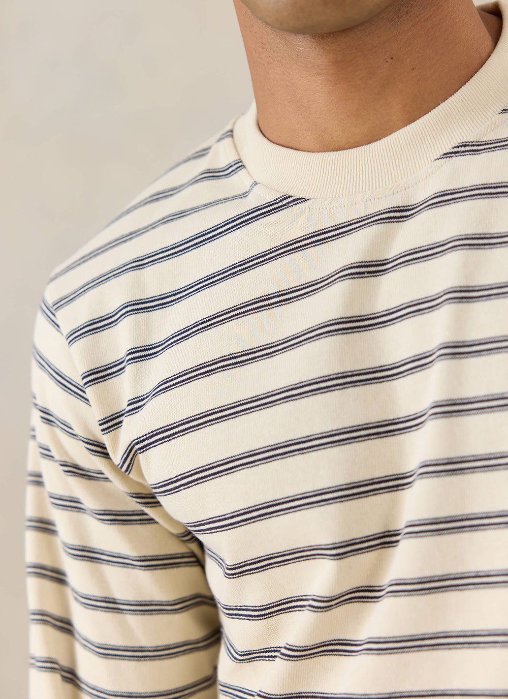 Men's Striped Long Sleeve T Shirt: Arlo - Cotton - White | Percival