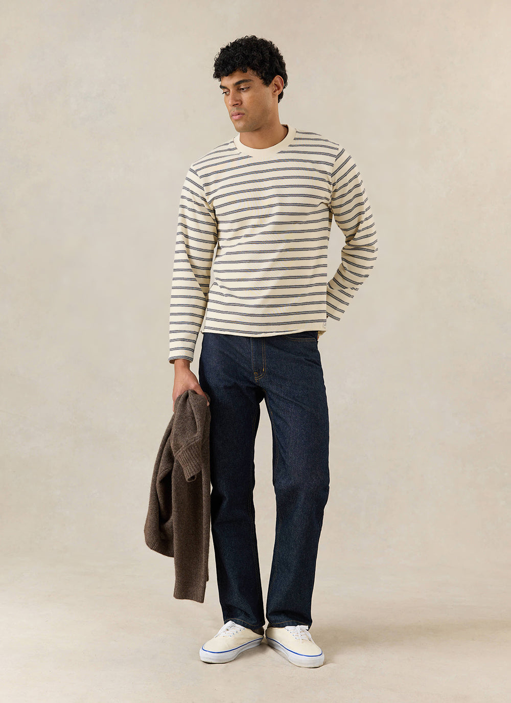 Men's Striped Long Sleeve T Shirt: Arlo - Cotton - White | Percival