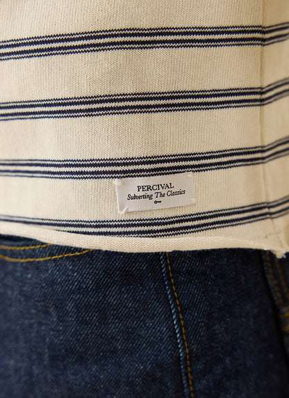 Men's Striped Long Sleeve T Shirt: Arlo - Cotton - White | Percival