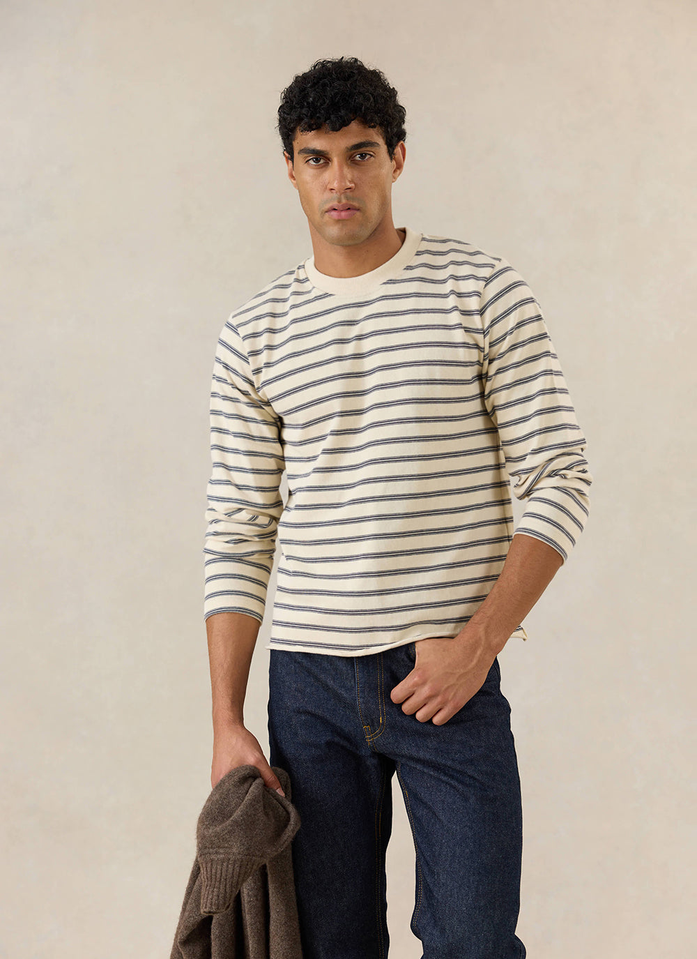 Men's Striped Long Sleeve T Shirt: Arlo - Cotton - White | Percival