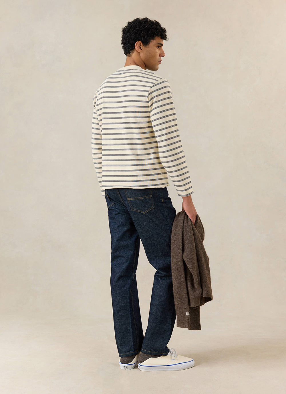Men's Striped Long Sleeve T Shirt: Arlo - Cotton - White | Percival