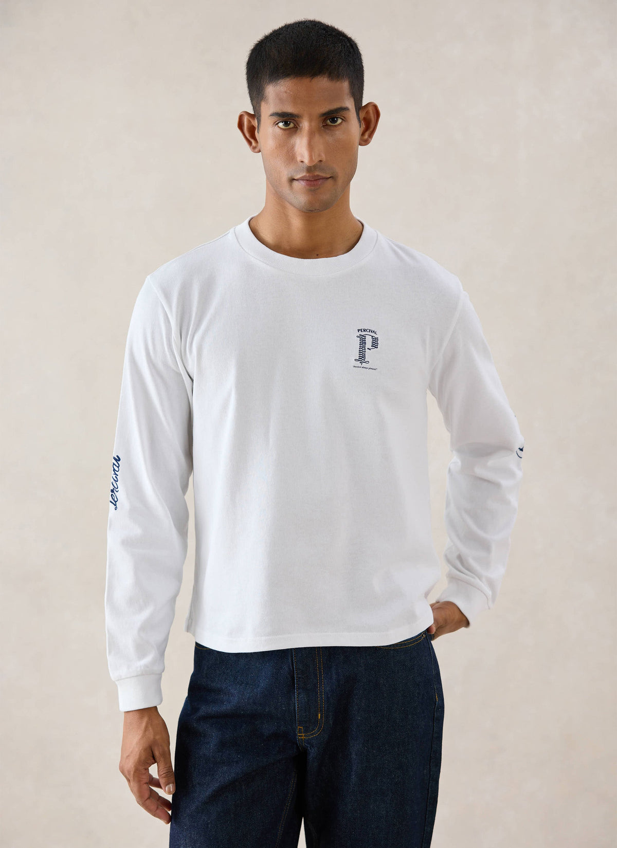 Tucker Embroidered Long Sleeve T-Shirt - White | Percival