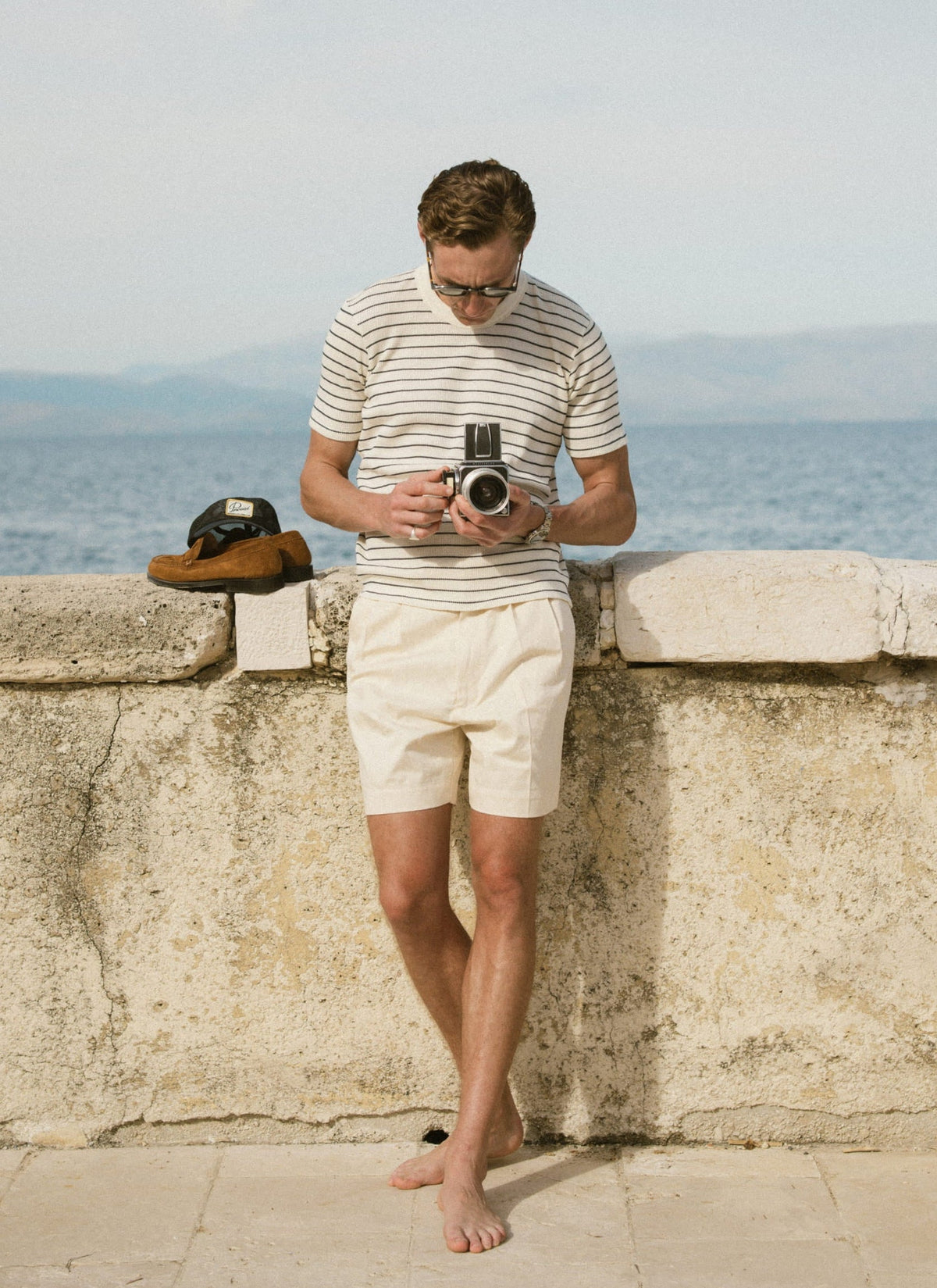 Men's Waffle T-Shirt - Ernie - Cotton - Cream Stripe | Percival