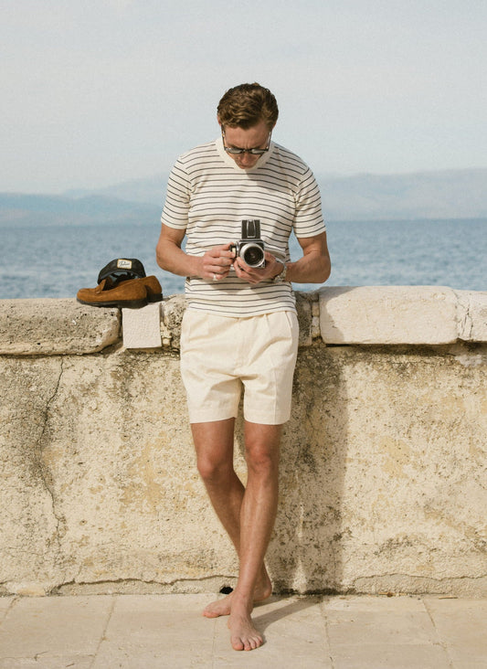 Men's Waffle T-Shirt - Ernie - Cotton - Cream Stripe | Percival