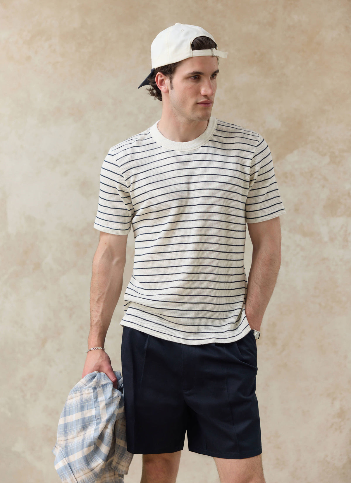 Men's Waffle T-Shirt - Ernie - Cotton - Cream Stripe | Percival