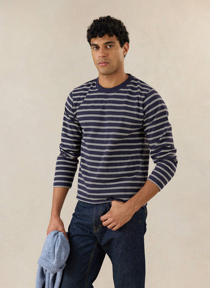 Men's Long Sleeve Breton T Shirt - Organic Cotton - Navy Stripe | Percival